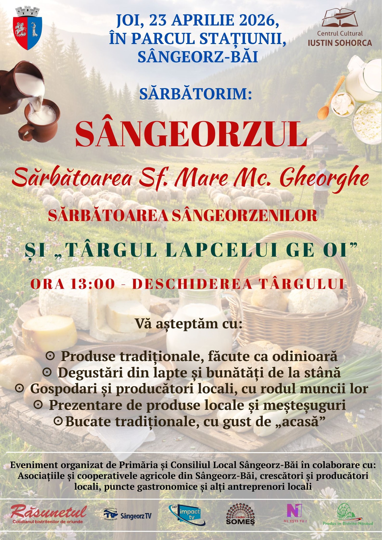Eveniment de amploare în orașul Sângeorz-Băi, județul Bistrița-Năsăud: tradițiile, gusturile autentice și comunitatea se reunesc la „Târgul Laptelui de Oi” și „Sărbătoarea Sângeorzenilor”, pe 23 aprilie, în Parcul Stațiunii!
