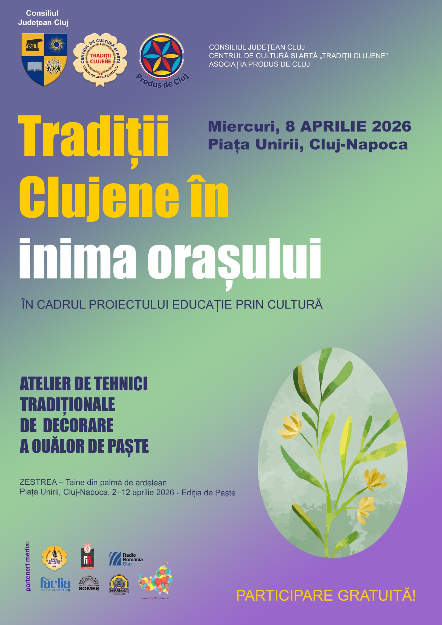 Clujenii sunt invitați să redescopere tradițiile pascale la un atelier de încondeiat ouă în aer liber: Atelier de decorare a ouălor de Paște, organizat la Cluj-Napoca în cadrul proiectului „Educație prin cultură”, miercuri, 8 aprilie!